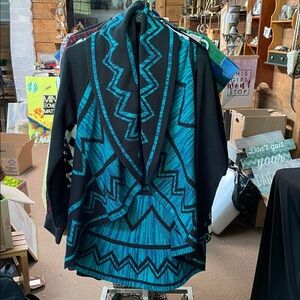 New Directions Black and Turquoise Geometric Knit Hi-Low Open Front Cardigan L